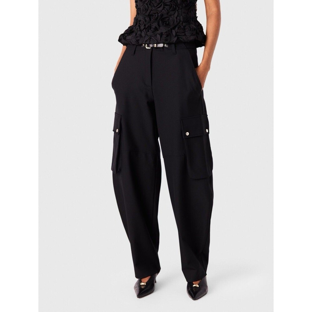 Maje Black Wool-Blend Wide-Leg Cargo Trousers Pants Pockets Size 42(US 12)
